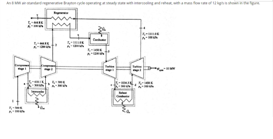 An 8 MW air-standard regenerative Brayton cycle operating at steady state with intercooling and reheat, with a mass flow rate