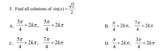 5. Find all solutions of sin(x) = B. - 26r, 247 ( 245, - 24.7