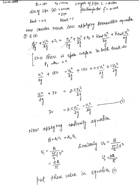 Crin data 2, = 180 72 = 150m Length of tipe £ = 20 km friction factor fa o old diacy fibe (d) = lorem = 1m Kexit Kent = 0.5 N