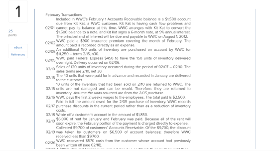 25 points eBook References February Transactions Included in WWCs February 1 Accounts Receivable balance is a $1,500 account