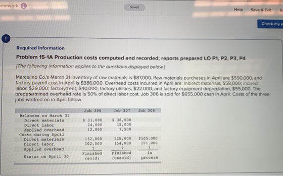 mework i Help Save & Exit Su Check my Required information Problem 15-1A Production costs computed and recorded; reports prep
