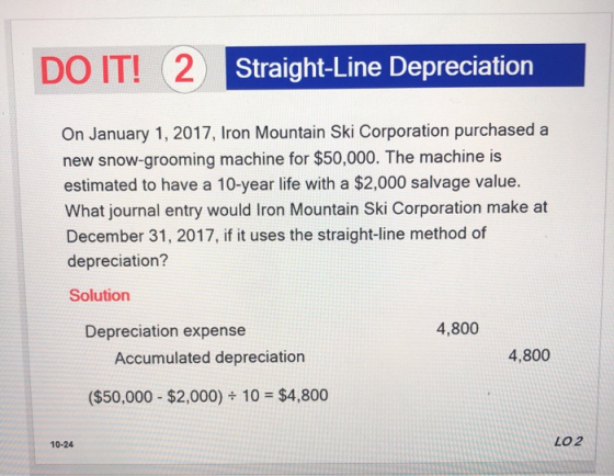 DO IT! 2 . Straight-Line Depreciation On January 1, 2017, Iron Mountain Ski Corporation purchased a new snow-grooming machine
