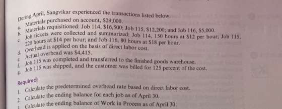 During April, Sang a. Materials oril. Sangvikar experienced the transactions listed below. terials purchased on account, $29,