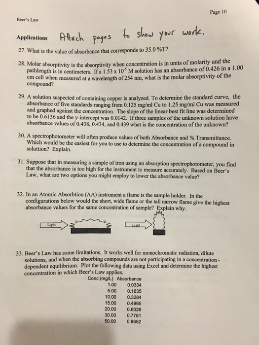 Page 10 Beers Law Akuch Pyrs to shes your werk Show your work, Aplications Attach Peyes 27, what is the value of absorbance that corresponds to 35.0 %T? 28. Molar absorpt ivity is the absorptivity when concentration is in units of molarity and the gth is in centimeters. If a 1.53 x 10 M solution has an absorbance of 0.426 in a 1.00 em cell when measured at a wavelength of 254 nm, what is the molar absorptivity of the 29. A solution suspected of containing copper is analyzed. To determine the standard curve, the absorbance of five standards ranging from 0.125 mg/ml Cu to 1.25 mg/ml Cu was measured and graphed against the concentration. The slope of the linear best fit line was determined to be 0.6136 and the y-intercept was 0.0142. If three samples of the unknown solution have absorbance values of 0.438, 0.434, and 0.439 what is the concentration of the unknown? 30. A spectrophotometer will often produce values of both Absorbance and % Transmittance. Which would be the easiest for you to use to determine the concentration of a compound in soluttion? Explain. 31. Suppose that in measuring a sample of iron using an absorption spectrophotometer, you find that the absorbance is too high for the instrument to measure accurately. Based on Beers Law, what are two options you might employ to lower the absorbance value? 32. In an Atomic Absorbtion (AA) instrument a flame is the sample holder. In the configurations below would the short, wide flame or the tall narrow flame give the highest absorbance values for the same concentration of sample? Explain why. 33. Beers Law has some limitations. It works well for monochromatic radiation, dilute solutions, and when the absorbing compounds are not participating in a concentration- dependent equilibrium. Plot the following data using Excel and determine the highest concentration in which Beers Law applies. Conc (mg/L) Absorbance 1.00 0.0334 5.00 0.1635 0.00 0.3284 15.00 0.4965 20.00 0.6026 30.00 0.7781 50.00 0.8652