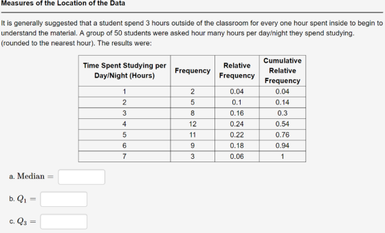 Measures of the Location of the Data It is generally suggested that a student spend 3 hours outside of the classroom for ever