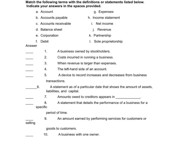 Match the following terms with the definitions or statements listed below. Indicate your answers in the spaces provided. a. A
