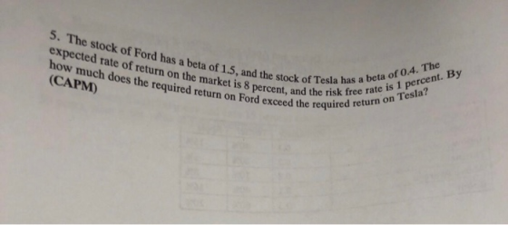 5. The stock of Ford has a beta of 1.5, and the stock o expected rate of return on the market is 8 percent, and how much does