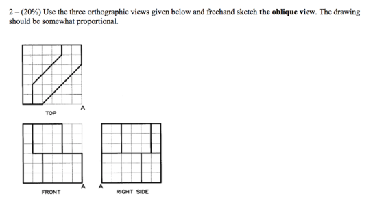 2-(20%) Use the three orthographic views given below and freehand sketch the oblique view. The drawing should be somewhat proportional. TOP FRONT RIGHT SIDE