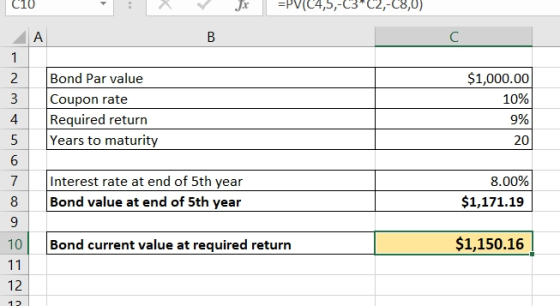 C10 Jx | =PVC4,5,-13*12,-18,0) A B $1,000.00 10% Bond Par value Coupon rate Required return Years to maturity -NMOOSE Interes