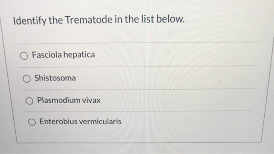 Identify the Trematode in the list below. O Fasciola hepatica Shistosoma Plasmodium vivax Enterobius vermicularis