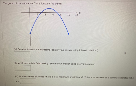 The graph of the derivative f of a function f is shown. 4 6 8 10 12 (a) on what interval is fincreasing? (Enter your answer