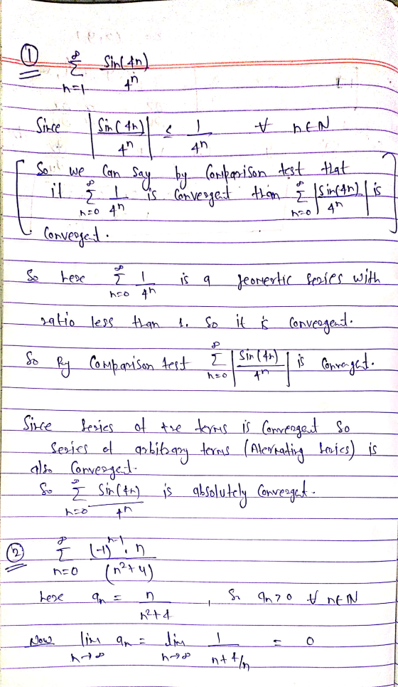 Sin(4n) 4 -hat Since - V NEN 4n Sincan) + I So we can say by comparison test that is convergent than sinton is il ME041 4n ho