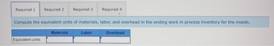 Required 1 Required 2 Required 3 Required 4 Compute the equivalent units of materials, labor, and overhead in the ending work
