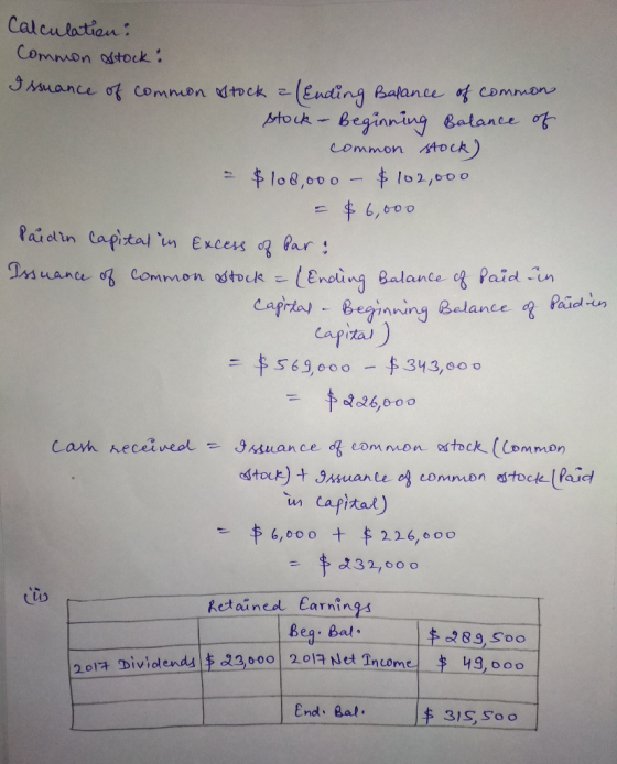Calculation: Common astock JMuance of common tock (Ending Balance of common ptockBeginning Balance f common tock $ 102,000 -