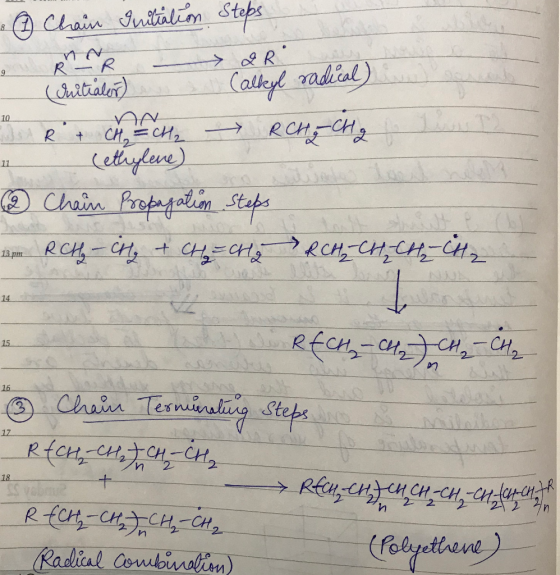 ② Chain Initiation Steps RCR 2R (Initialer) Calkyl radical) n ② Rt chache RCH=CH2 (ethylene) Chain Propagation Steps RCH - C