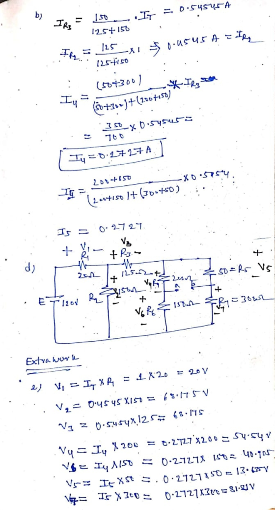 Very Is X 300 = 0.2727X30 = 81-01V b) 150 IT = 0.545454 IRs 125+156 125 -X1 1251150 $ 0.4545 A = the (504300) (30+301)+(20011