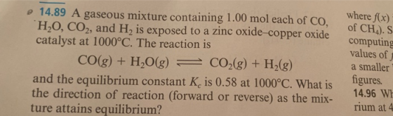 14.89 A gaseous mixture containing 1.00 mol each of CO, H2O, CO2, and H, is exposed to a zinc oxide-copper oxide catalyst at