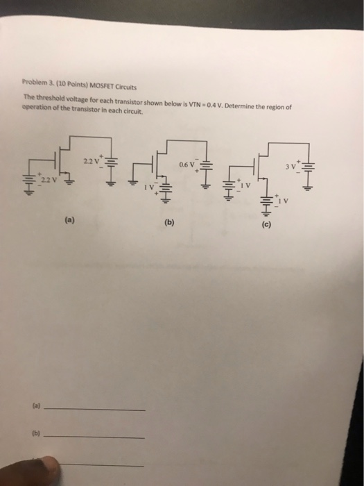 Problem 3. (10 Points) MOSFET Circuits The threshold voltage for each transistor shown below is VTN 0.4 V. Determine the regi