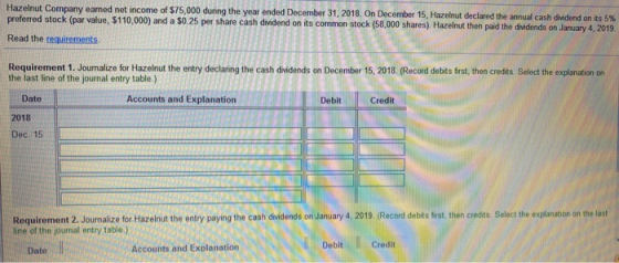 Hazelnut Company earned net income of $75,000 during the year ended December 31, 2018. On December 15, Hazelnut declared the