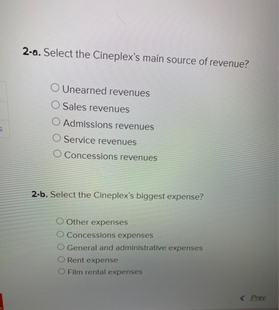 2-a. Select the Cineplexs main source of revenue? O Unearned revenues O Sales revenues O Admissions revenues O Service reven