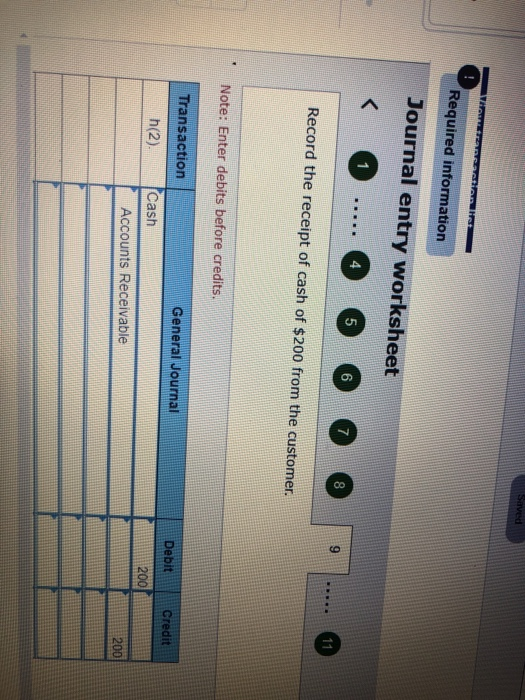Saved Required information Journal entry worksheet < 5 7 11 Record the receipt of cash of $200 from the customer. Note: Enter