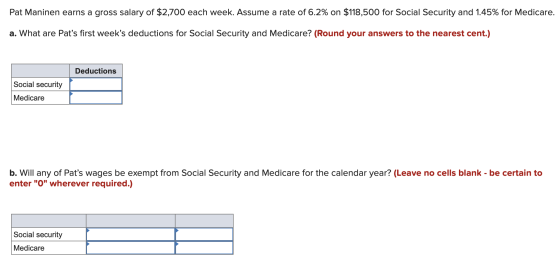 Pat Maninen earns a gross salary of $2,700 each week. Assume a rate of 6.2% on $118,500 for Social Security and 1.45% for Med