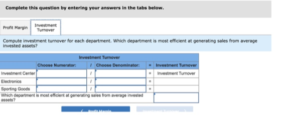 Complete this question by entering your answers in the tabs below. Profit Margin Investment Turnover Compute investment turno