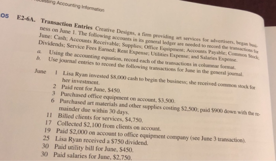 n Entries Creative Designs, a firm providing art services for advertisers, began busi ess on June 1. The following accounts in its general ledger are needed to record the transactions for June: Cash: Accounts Receivable: Supplies; Office Equipment: Accounts Payable; Common Stock Dividends; Service Fees Earned; Rent Expense; Utilities Expense: and Salaries Expense. a. Using the accounting equation, record each of the transactions in columnar format b. Use journal entries to record the following transactions for June in the general journal. June 1 Lisa Ryan invested $8,000 cash to begin the business; she received common stock for her investment. Paid rent for June, $450. Purchased office equipment on account, $3.500. Purchased art materials and other supplies costing $2.500; paid $900 down with the re- mainder due within 30 days. Billed clients for services, $4,750. Collected $2,100 from clients on account. Paid $2,000 on account to office equipment company (see June 3 transaction). Lisa Ryan received a $750 dividend. Paid utility bill for June, $450. Paid salaries for June, $2,750. 2 3 6 11 17 19 25 30 30