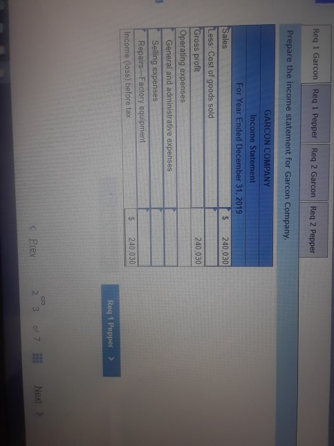 Reg 1 Garcon Reg 1 Pepper Reg 2 Garcon Req 2 Pepper Prepare the income statement for Garcon Company. 240,030 GARCON COMPANY I