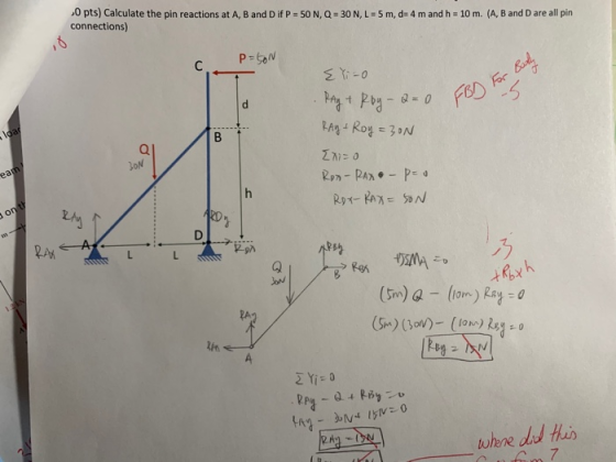 O pts) Calculate the pin reactions at A, B and Dif P = 50 N, Q = 30 N, L = 5 m, d= 4 m and h = 10 m. (A, B and D are all pin