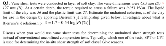 Q3. Vane shear tests were conducted in layer of soft clay. The vane dimensions were 63.5 mm (D)x 127 mm (H). At a certain dep