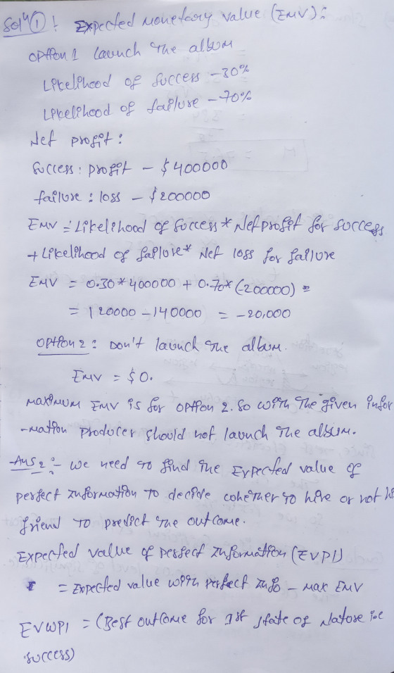 solo ļ Expected monetary value (ZMW) option 1 Launch The album Likelihood of success -30% Likelihood of failure - 70% Net pro