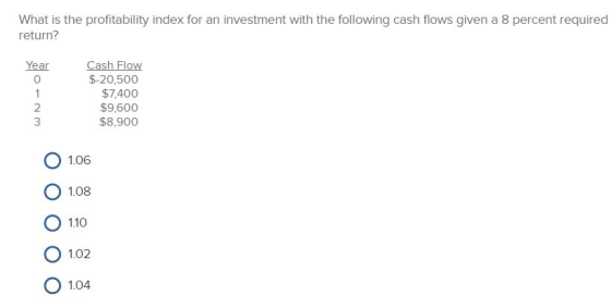 What is the profitability index for an investment with the following cash flows given a 8 percent required return? Cash Flow