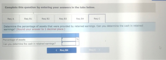 Complete this question by entering your answers in the tabs below. Req A Req B1 Req B2 Req B3 Req B4 Req C Determine the percentage of assets that were provided by retained earnings. Can you determine the cash in retained earnings? (Round your answer to 1 decimal place.) Percentage of assets Can you determine the cash in retained earmings? K Req B4