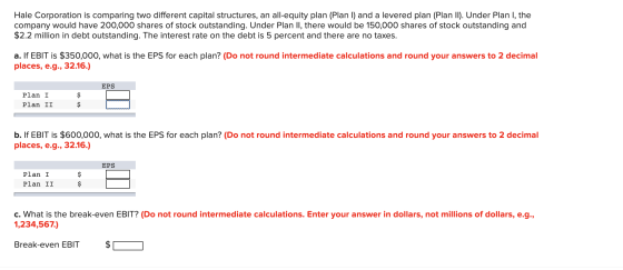 Hale Corporation is comparing two different capital structures, an all-equity plan (Plan I) and a levered plan (Plan II). Und