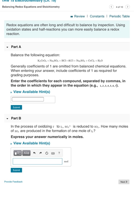 cnw To CICCIUCremsury ( U 13) Balancing Redox Equations and Stoichiometry 4 of 10 > Review | Constants Periodic Table Redox e