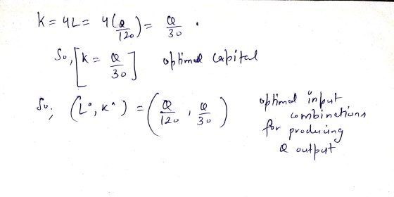 k=42= 4le) = a Sofka 47 of fimel capital So, (L,K) =( optimal in but . combinations for produring a output 20