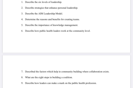 1. Describe the six levels of leadership 2. Describe strategies that enhance personal leadership. 3. Describe the AIM Leaders