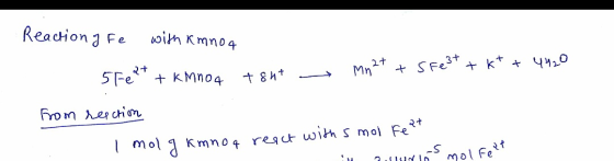 Reaction 3 Fe oith Kmnoq 2t 5Fe KMno4 t 8 ht From erchin mol 3 Kmno4 regt with s mol Fe Mal Fef