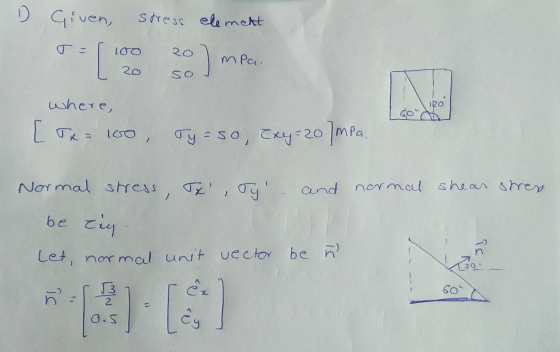 D Given, stress element 100 [ 20) mo mpa. 20 so where, 120 GO [Tx= 100 Ty = so, Exy=20 ]mpa. 2 Normal stress, Tx, Ty and nor