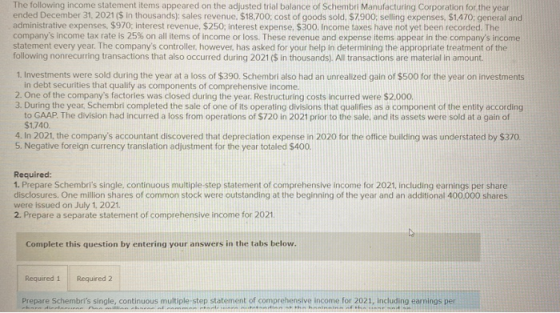 The following income statement items appeared on the adjusted trial balance of Schembri Manufacturing Corporation for the yea