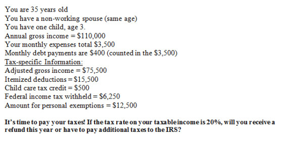 You are 35 years old You have a non-working spouse (same age) You have one child, age 3 Annual gross income S110,000 our monthly expenses total S3,500 Monthly debt payments are S400 (counted in the S3,500) Tax-specific Information Adjusted gross income = $75,500 Itemized deductions-$15,500 Child care tax credit = $500 Federal income tax withheld S6,250 Amount for personal exemptions S12,500 Its time to pay your taxes! If the tax rate on your taxableincome is 20%, will you receive a refund this year or have to pay additional taxes to the IRS?