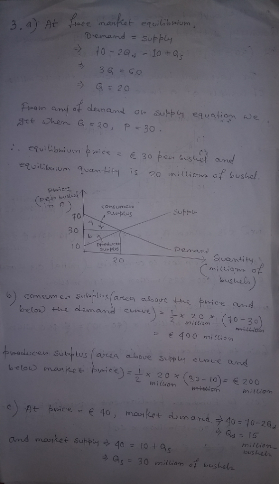 ) At ieee manhet equilbwium D-e equilouium Tuan-tity is 20 n:(iof bushe! Price suleblus 40 Phoductw Surplus Demand b) consumers Sohrlus(area aeoovettue 仁nice and million 40 O mition and market suttu!す40-10 tas milian bus het う@g= 30 milion, of besiel.