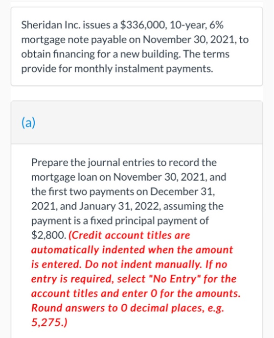 Sheridan Inc. issues a $336,000, 10-year, 6% mortgage note payable on November 30, 2021, to obtain financing for a new buildi