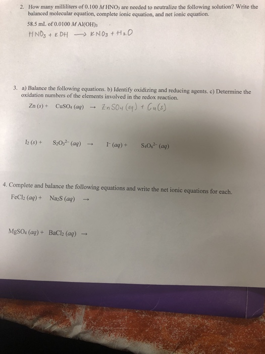 2. How many milliliters of 0.100 M HNO, are needed to neutralize the following solution? Write the balanced molecular equatio