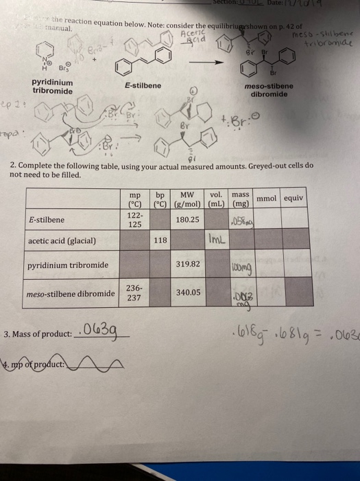Section: U Date: 4 the reaction equation below. Note: consider the equilibriugarshown on p. 42 of manual Acetic Acid o meso s