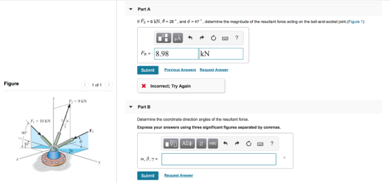 PartA If F3-8 kN,0-28 ®, and ф-47 , determine the magnitude of the resultant force acting on the ball-and-socket joint(Figure 1) FR= 8.98 KN Submit Figure 1 of1 Incorrect, Try Again F2 = 8 kN Part B Determine the coordinate direction angles of the resultant force. Express your answers using three significant figures separated by commas. Fi-10kN 60 Submit Request Answer