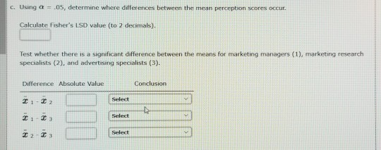 c. Using a .05, determine where differences between the mean perception scores occur. Calculate Fishers LSD value (to 2 deci