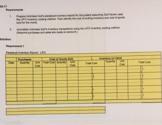 E6-17 Requirements Prepare Unlimited Golfs perpetual inventory record for the putters assuming Golf Haven uses the LIFO inve