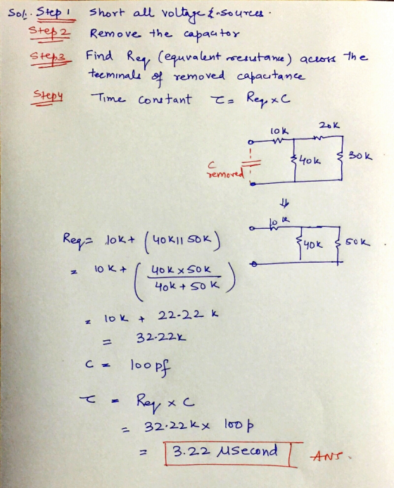 Sol. Step Step 2 Step3 short all voltage & sources. Remove the capacitor Find Reg (equvalent resistance) across the teeminals